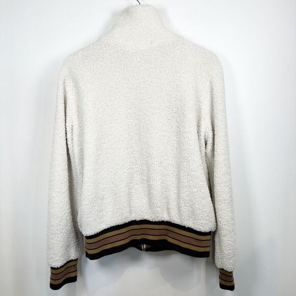 Mystree Jacket Womens Large Cream Brown Sherpa Teddy Bomber Stripe Faux Sherling - Picture 7 of 16